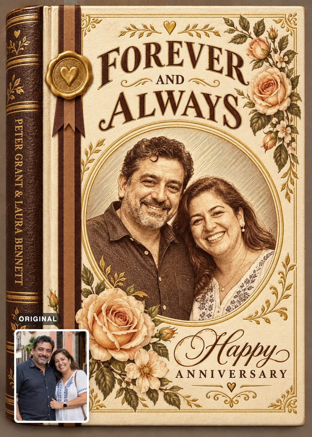 Vintage Love Story card styled as an antique book: a sepia engraving-style portrait of the same couple smiling together in an oval frame, under “FOREVER AND ALWAYS” and above “Happy Anniversary.” An inset shows the same original street photo.