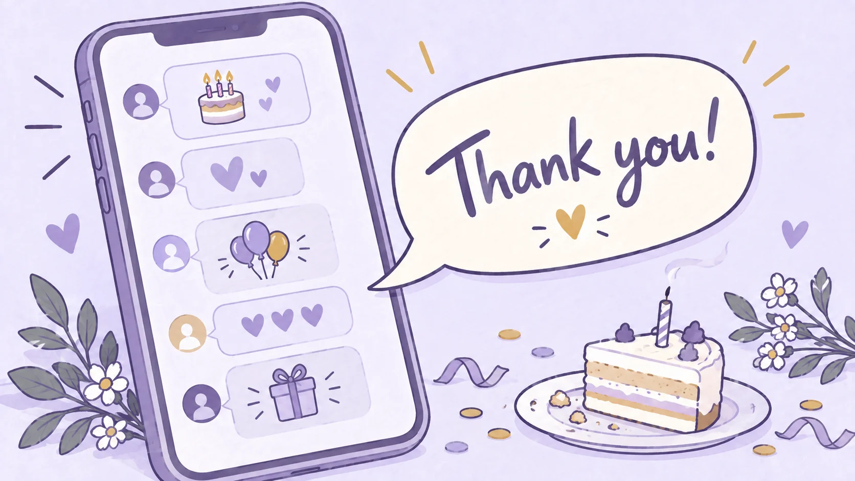 A phone with incoming birthday greetings and a large reply reading “Thank you!”, beside a slice of birthday cake.