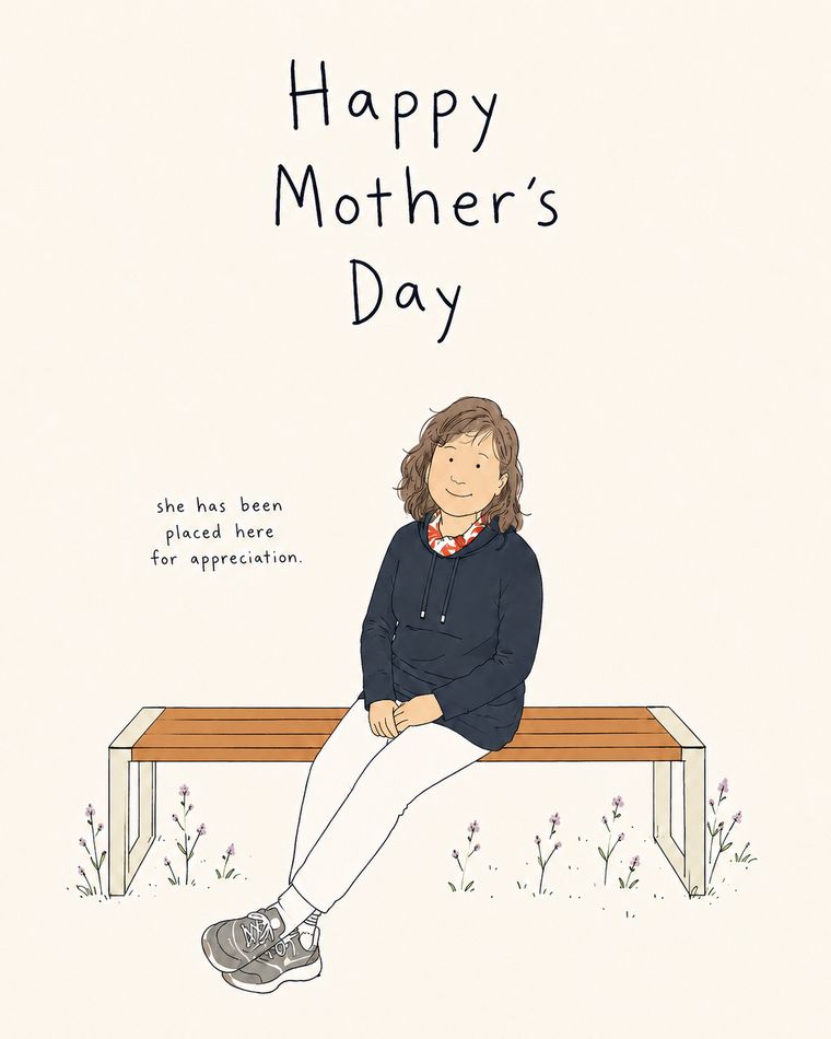 An illustrated card: a figure on a bench in soft late-morning light, seen from behind.