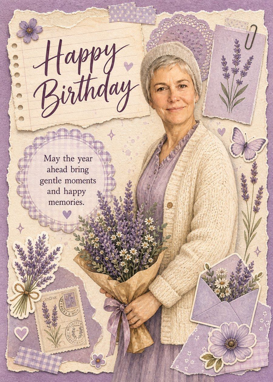 Lavender illustrated birthday card made for Grandma.