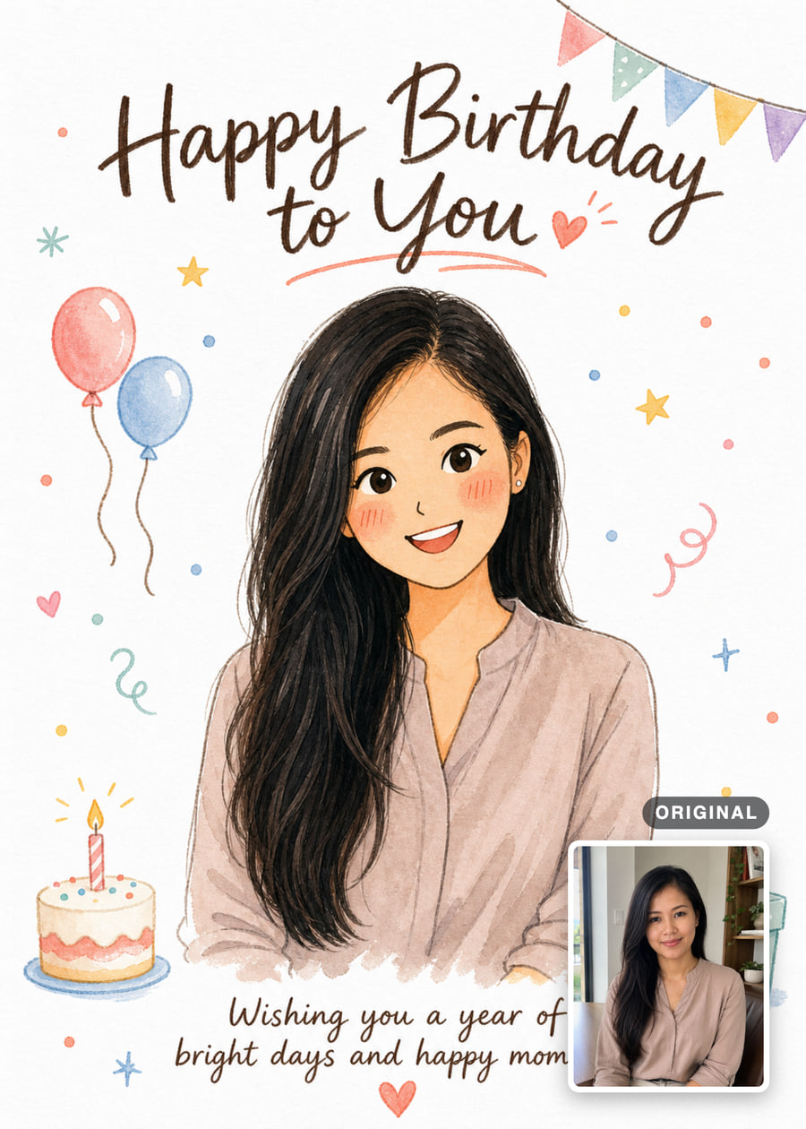 Watercolor birthday card with a smiling young woman, balloons, cake and confetti, with her original photo inset.