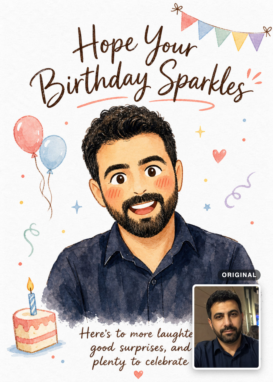 Watercolor birthday card with a smiling bearded man, balloons, cake and confetti, with his original photo inset.