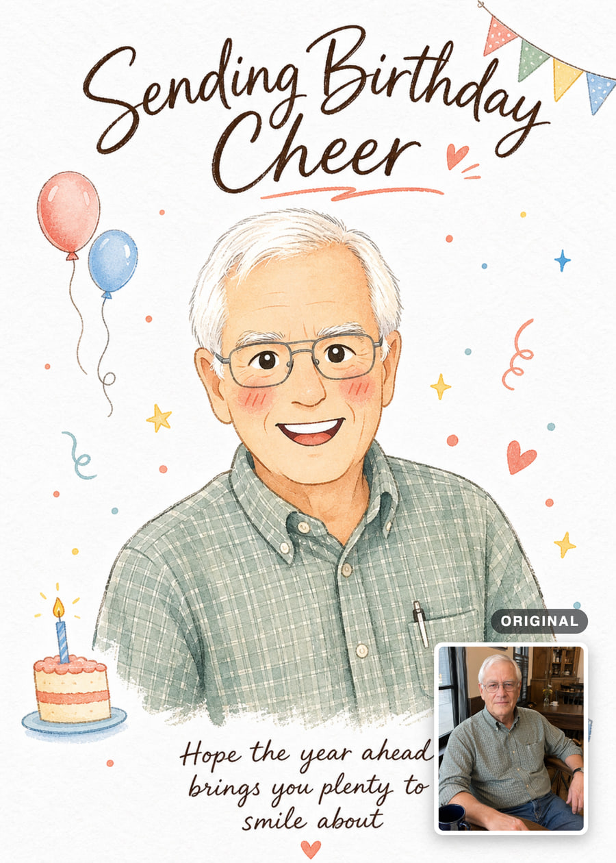 Watercolor birthday card with a smiling older man in glasses, balloons, cake and confetti, with his original photo inset.