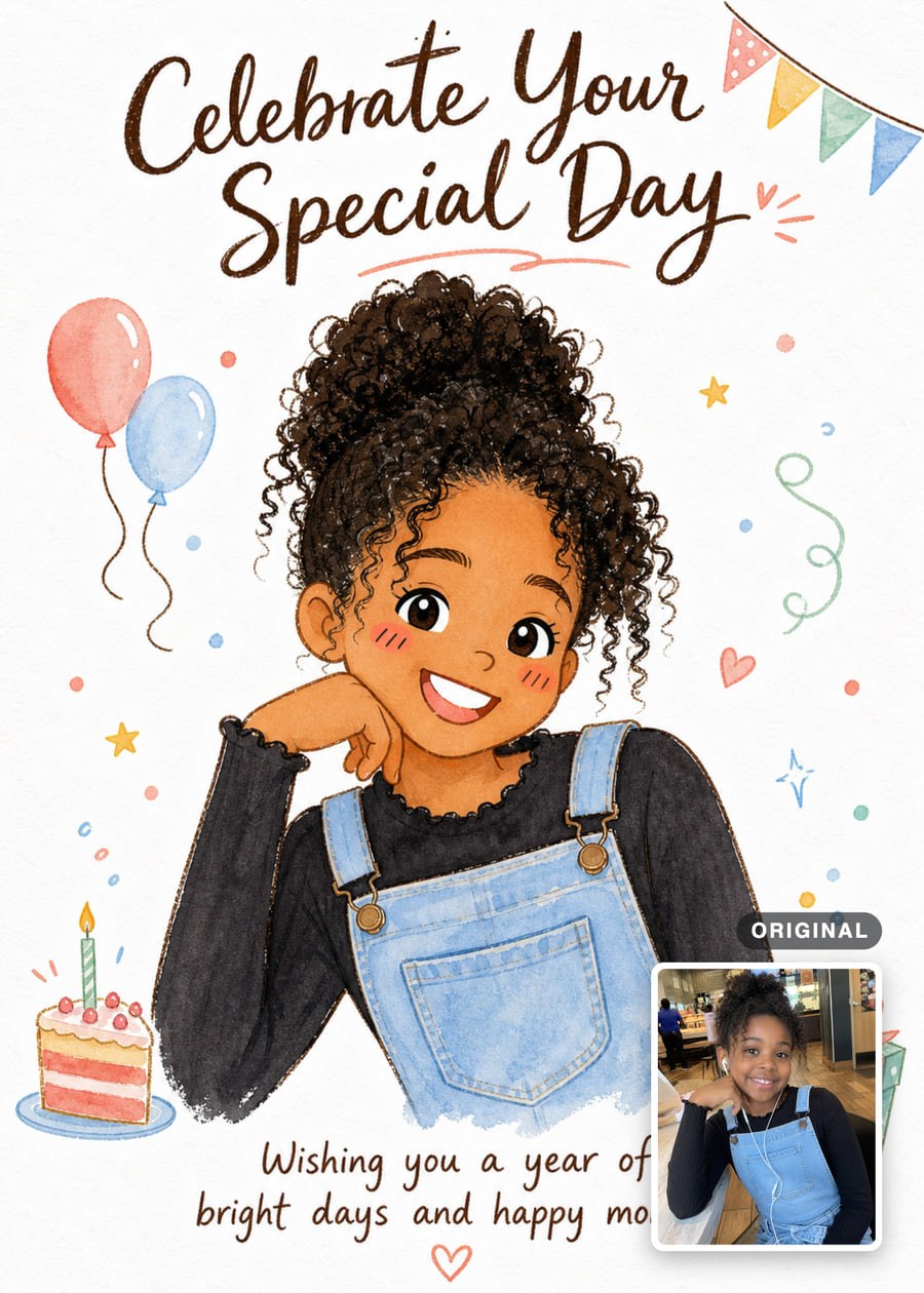 Watercolor birthday card with a smiling young girl, balloons, cake and confetti, with her original photo inset.