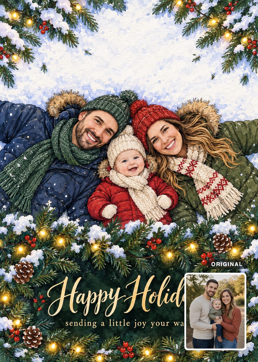 Ink-and-watercolor Christmas card showing two adults and a baby lying in snow, surrounded by evergreen branches and warm lights, with the original photo inset.
