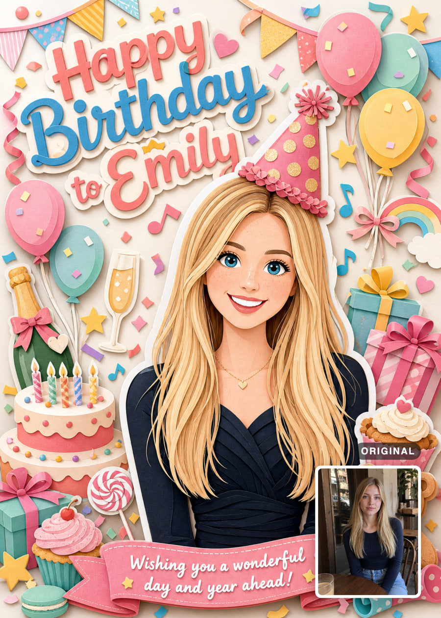 Paper-cut birthday card with a smiling blonde woman, balloons, cake and gifts, with her original photo inset.
