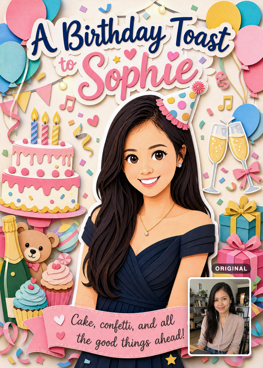 Paper-cut birthday card with a smiling dark-haired woman, balloons, cake and gifts, with her original photo inset.