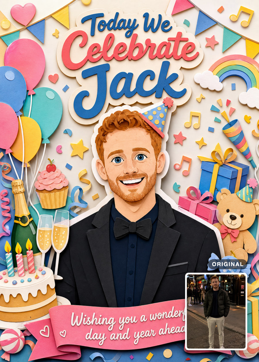 Paper-cut birthday card with a smiling red-haired man, balloons, cake and gifts, with his original photo inset.