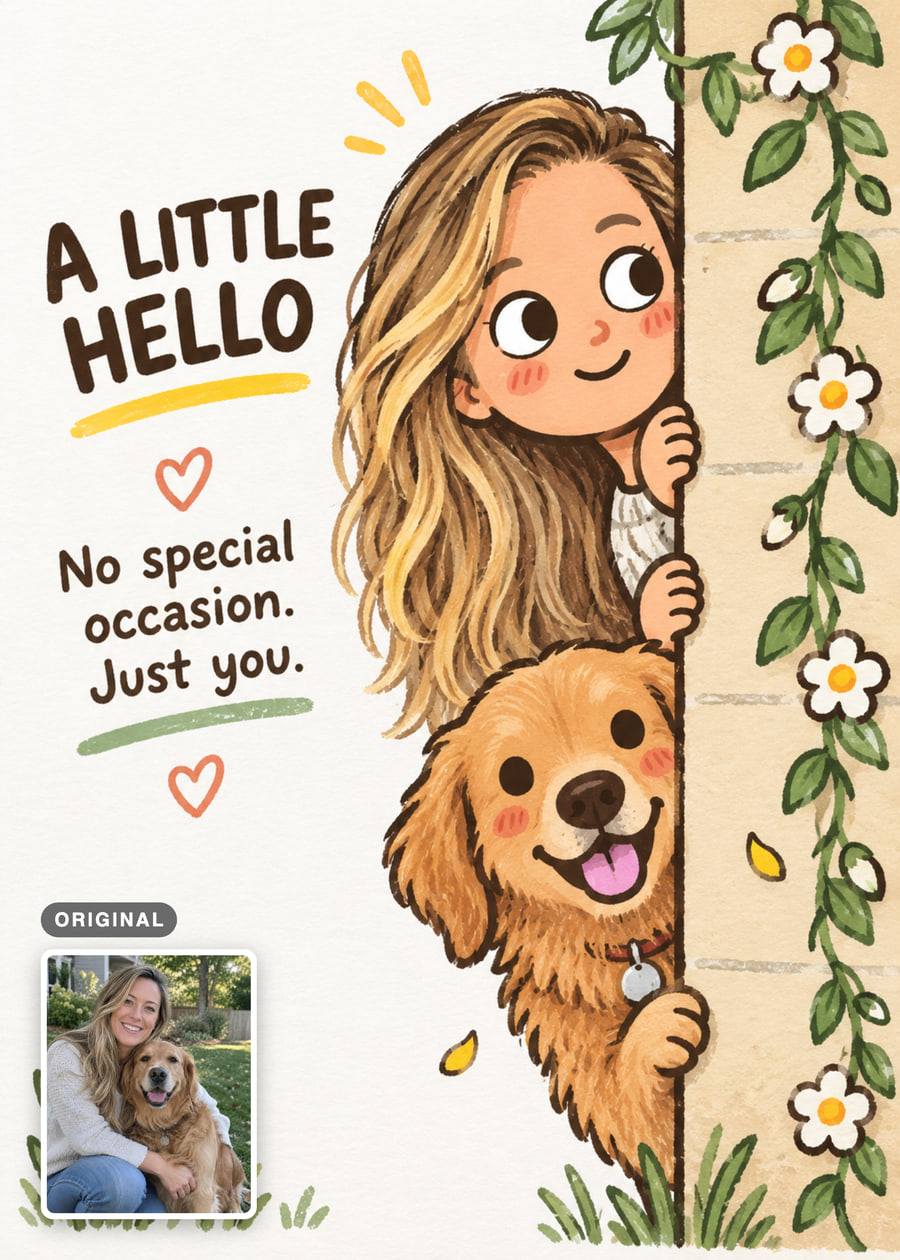Personalized thinking-of-you card with a blonde cartoon woman and golden retriever peeking around a flower-covered wall, with the original photo inset.