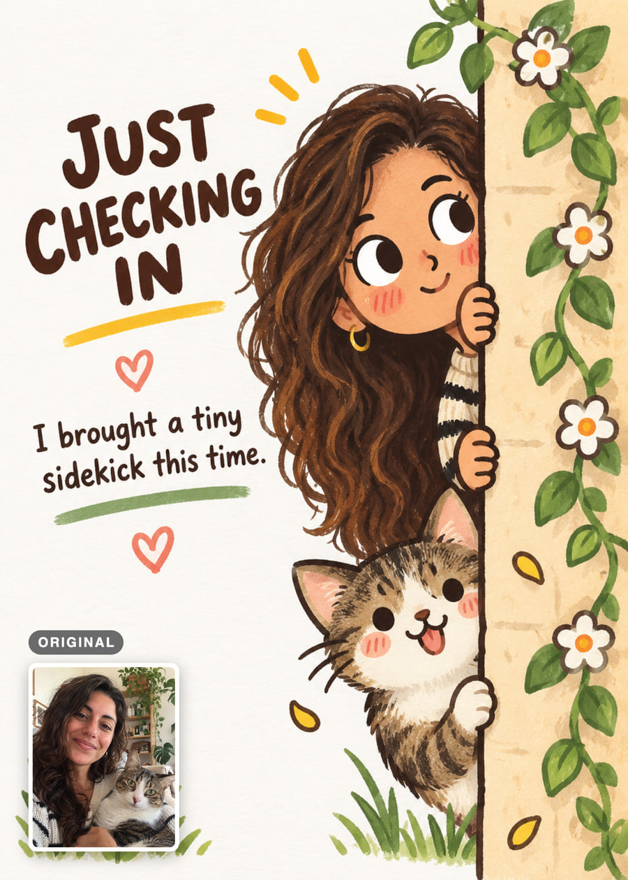 Cartoon thinking-of-you card with a woman and tabby-and-white cat peeking around a flowered wall, with their original photo inset.