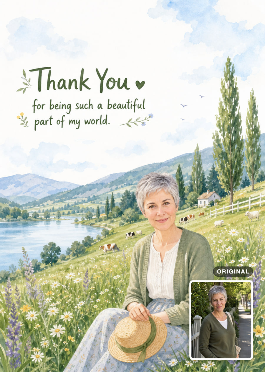 Watercolor thank-you card with an older woman seated in a lakeside wildflower meadow, with her original photo inset.