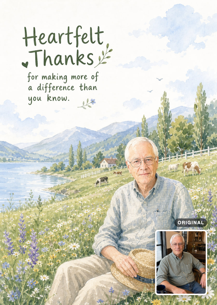 Watercolor thank-you card with an older man seated in a lakeside wildflower meadow, with his original photo inset.