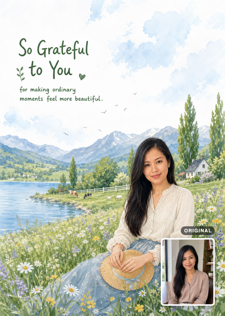 Watercolor thank-you card with a dark-haired woman seated in a lakeside wildflower meadow, with her original photo inset.