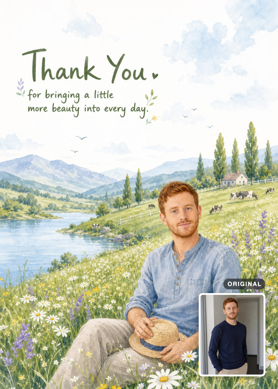 Watercolor thank-you card with a red-haired man seated in a lakeside wildflower meadow, with his original photo inset.