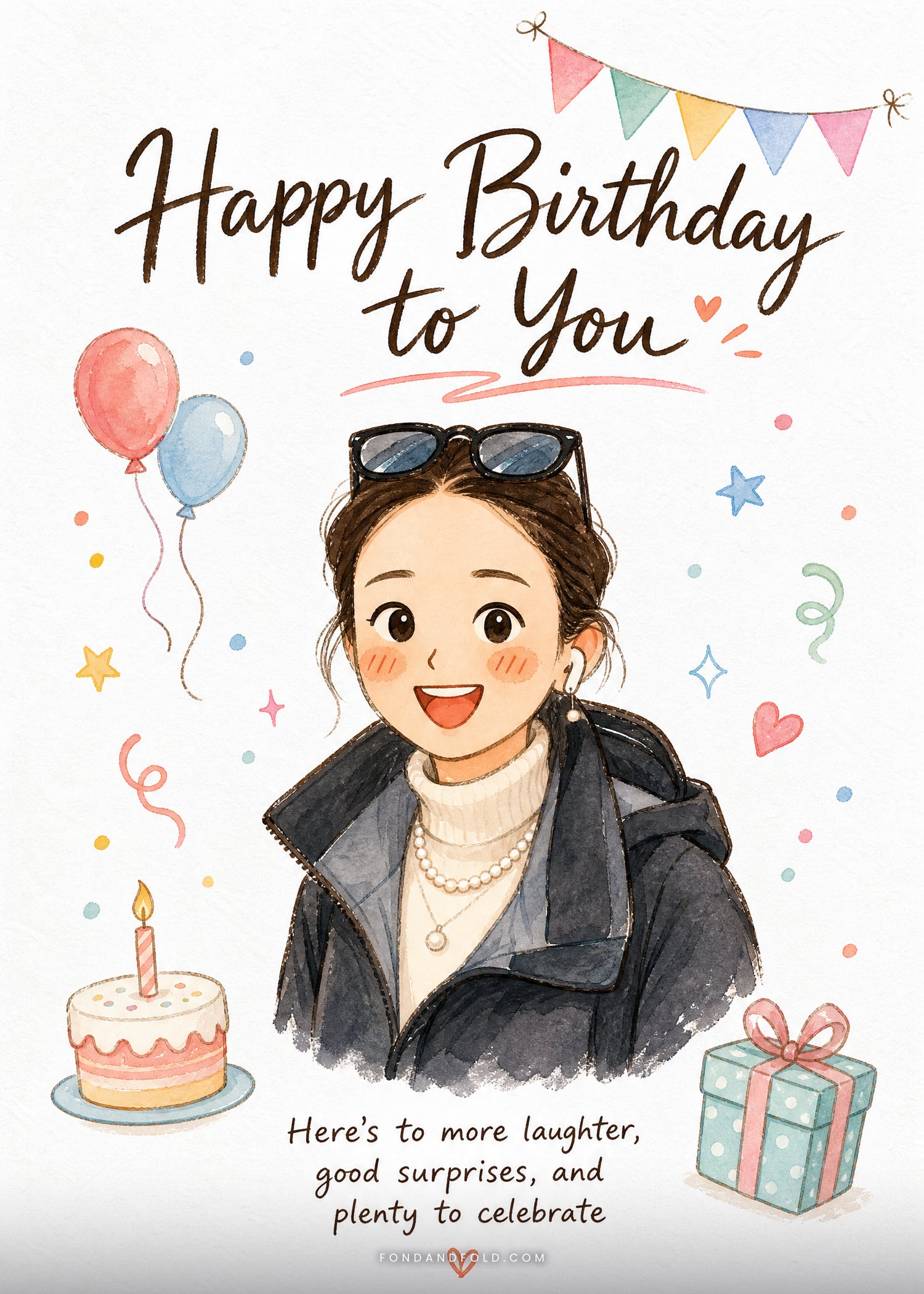 A watercolor birthday card with a smiling woman, balloons, cake, gift and the words Happy Birthday to You.